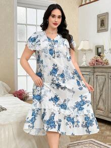 CottageSlumber Camisón con volantes, estampado floral y ribete de encaje para tallas grandes - Multicolor - Ver 5