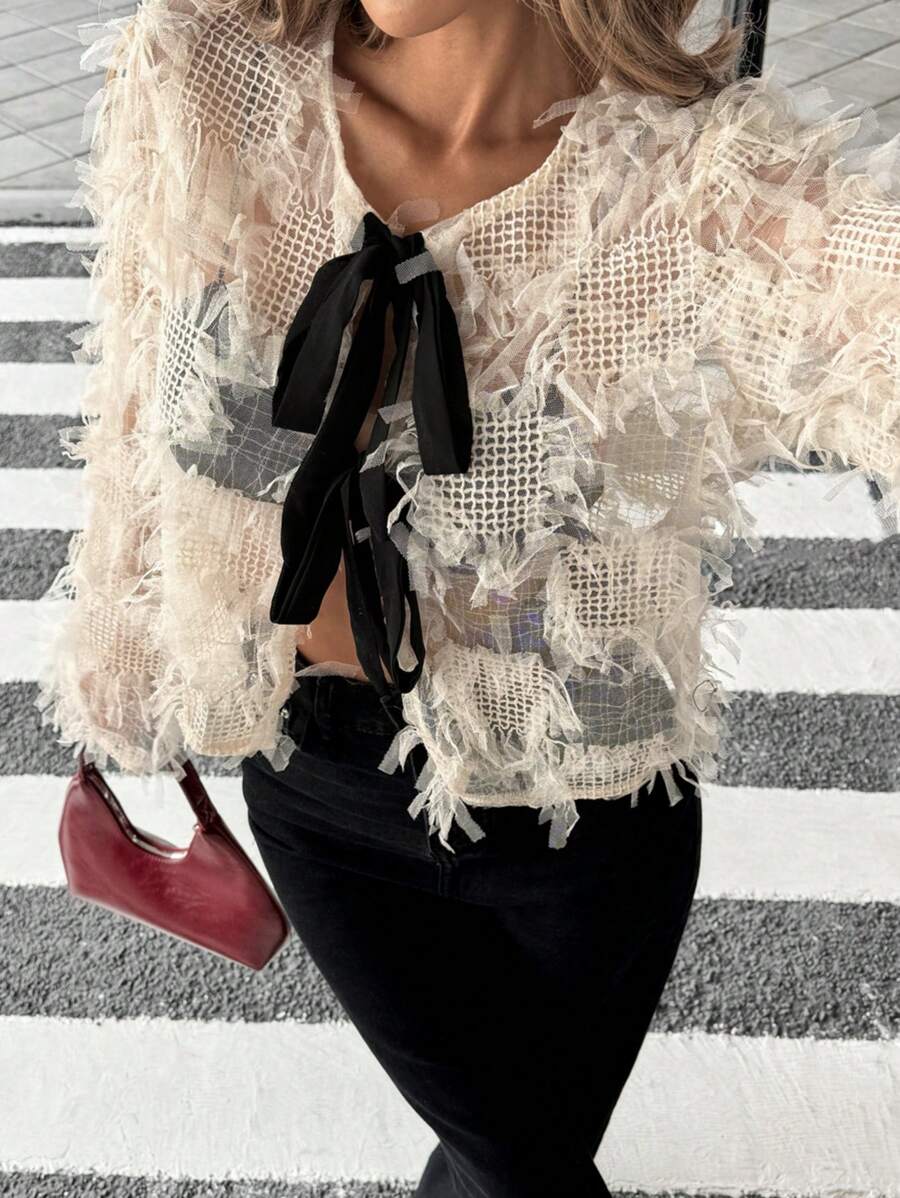 SHEIN Essnce Áo cánh chiffon rộng rãi buộc nơ tua rua cho nữ - Màu be - Xem 1