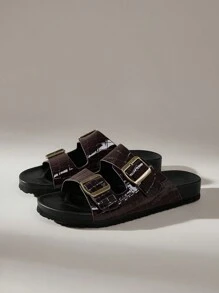 Solecia Casual Black Flat Sandals With Metal Square Buckle, Ideal For Vacation Spring Break Easter