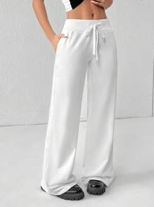 SHEIN PETITE Comfortable And Casual Plain Knitted Low-Rise Wide-Leg Women's Sweatpants