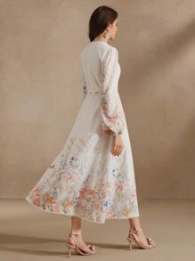 Anewsta 女士 V 领收腰灯笼袖长款花裙，女士度假春装 - 彩色 - 查看 2