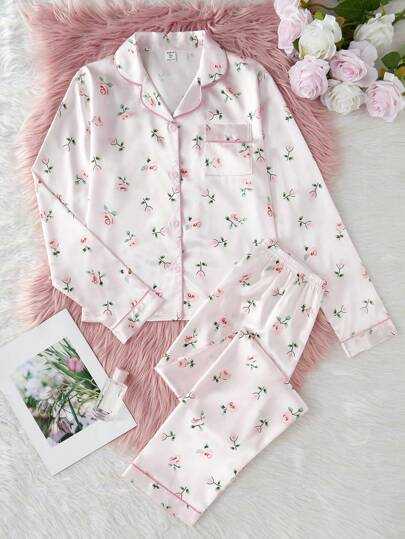Teen Girls Pajamas Set, Floral Print Fabric Solid Color Long Pants And Long Sleeve Casual 2 Pieces Sleepwear Suit