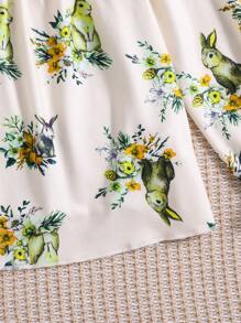 SHEIN Young Girl' Cute Bunny Print Ruffle Lantern Sleeve Top And Bowknot Pants 2 Pieces Pajamas Set - Multicolor - View 6