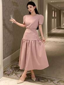 DAZY 2pcs Set Minimalistic Round Neck Puff Sleeve Shirt + High Waist A-Line Skirt - Pink - View 3