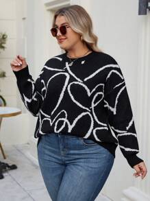 INAWLY 大码女式爱心印花圆领长袖黑白套头毛衣，秋冬针织套头衫