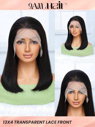 13x4 Bob Straight Transparent Lace Frontal Human Hair Wig 180% Density 10-14 Inch Natural Black Color Pre-Plucked Natural Hairline Short Bob Wig For Women