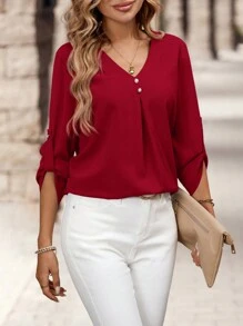 EMERY ROSE 女士优雅通勤风格蓝色 V 领长袖衬衫 - 紅色 - 查看 6