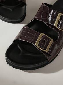 Solecia Casual Black Flat Sandals With Metal Square Buckle, Ideal For Vacation Spring Break Easter