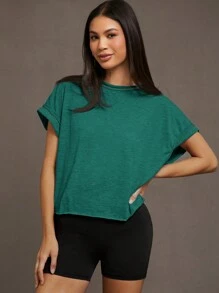 SHEIN Essnce 女士纯色露背休闲经典圆领短袖 T 恤 - 水鴨藍 - 查看 2