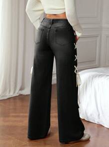 SHEIN EZwear Stylish Black Wide-Leg Jeans With Ribbon Lace-Up Detail - Black - View 2
