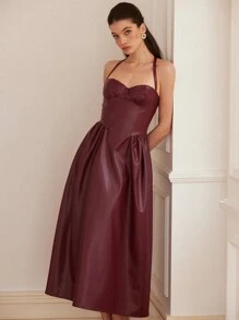 Aveloria Rosie Elegant & Charming Sexy Angola Red PU Halter Tie Waist Ruched Burgundy Dress For Women