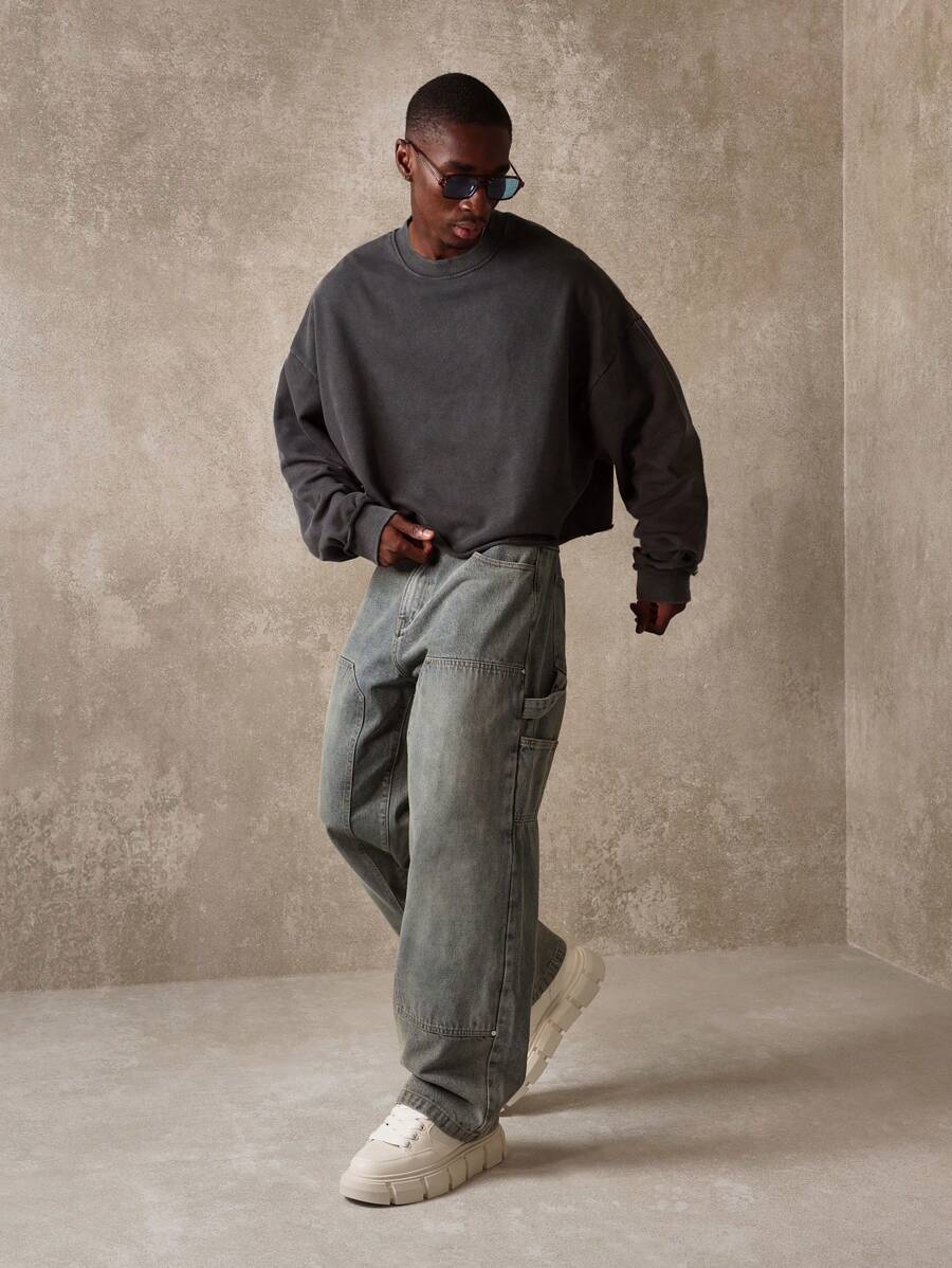 SUMWON Relaxed Fit Crop Sweatshirt Streetwear Drop Shoulder Oversized Urban Fashion Pullover Perfect For Layering Fall Winter Casual Comfort - Grey - View 1