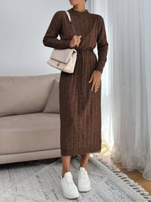 SHEIN Cottnline Knitwear Maxi Dress With Cord Detail On Waist - Brown - View 4