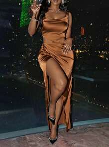 Slaydiva Rust Brown,Summer,Seksi Chic,Night Out Club Women's Sleeveless Top & High Slit Ruched Skirt Set,Shiny Shimmer Casual Set For Vacation,Beach,Dates - Coffee Brown - View 6
