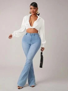 SHEIN SXY Cropped Lantern Sleeve Twist Front Sexy Blouse, Sexy Top - White - View 3