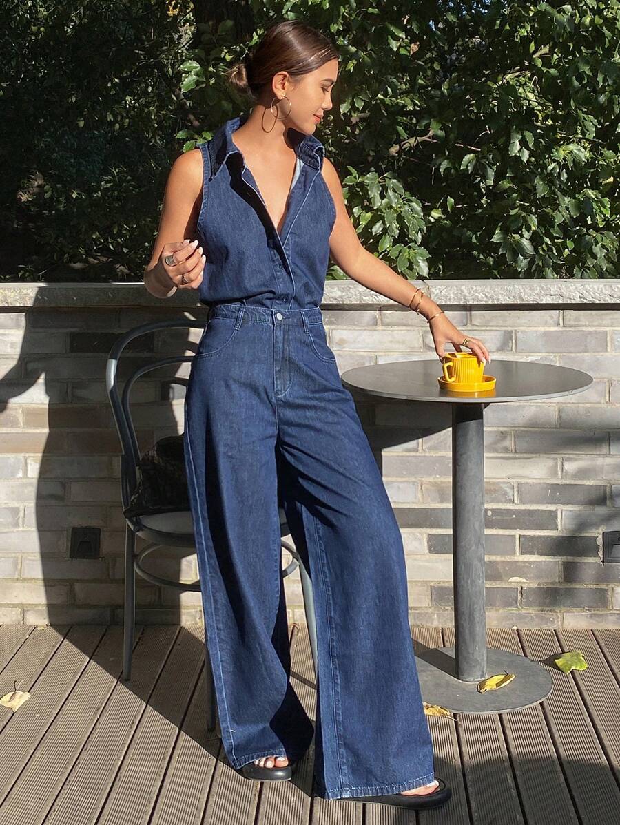 Livesso Women Sleeveless Shirt & Denim Pants Outfit - Dark Wash - View 1