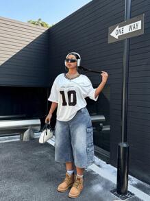 POPSWAY Plus Size Front Button Simple Casual Multi-Pocket Denim Capri Pants - Blue - View 3