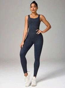 Gameset SHEIN Sport High Intensity Racerback Booty Lifting Yoga Jumpsuit, Nude Feeling Fitted Activewear - Navy Blue - View 5