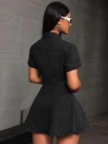 SHEIN EZwear 女士休闲简约牛仔连衣裙，时尚日常穿着 - 黑色 - 查看 5