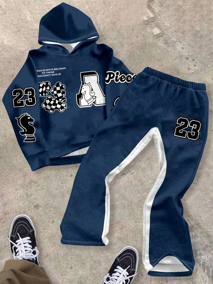 SHEIN Leap Crew 2 件套 Tween 男童休闲简约字母图案宽松连帽衫和裤子套装