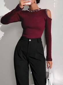 RueChic Pearl Detailed Crew Neck Black T-Shirt - Burgundy - View 6