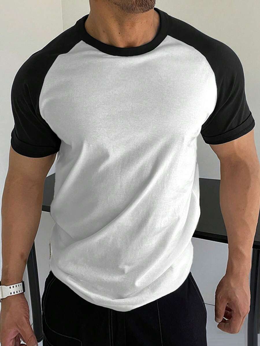 RueChic 100%Cotton Men Colorblock Raglan Sleeve Tee - Black and White - View 1