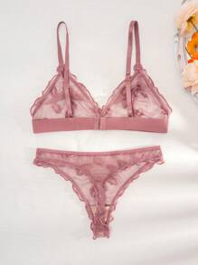 PetitDoll 2 件蕾丝唇形设计无缝网眼三角杯丁字裤套装（内衣套装） - 西瓜粉 - 查看 2
