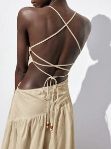 Maija 杏色纯色露背露背镂空系带装饰春夏女士休闲长裙，适合海滩度假 - 杏色 - 查看 7