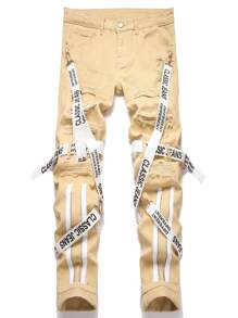 Manfinity Roughcore Men's Casual Letter Embroidered Distressed Denim Jeans - Apricot - View 1