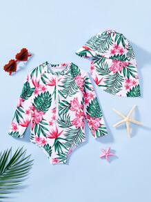 SHEIN Baby Girls Tropical Plant Print Long Sleeve Romper With Hat Swimsuit Set, Summer Resort