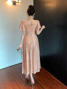 DAZY Sequin Square Neck Ruffle Sleeve Mid-Length Dress For Women Prom Dress Sundress,Formal Women Dresses Luxury Elegant Women Dresses Sparkly Dress - Pink - View 2