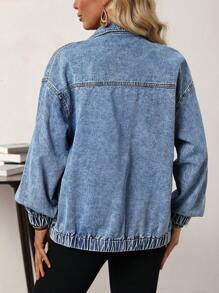 EMERY ROSE Women's Front Zip Up Long Sleeve Pocket Casual Denim Jacket - Blue - View 2