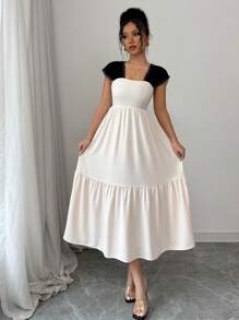 SHEIN Unity Vestido mini casual de vacaciones de cuello cuadrado con cintura definida y bloques de color - Albaricoque - Ver 3
