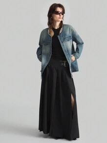 Ontre 女式前扣长袖口袋简约休闲牛仔夹克 - 藍色 - 查看 5