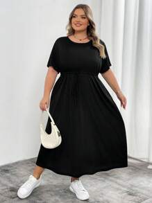 SHEIN CURVE+ Plus Size Women Summer Casual Black Belted Waist Loose Dress With Pockets, Long Sleeve