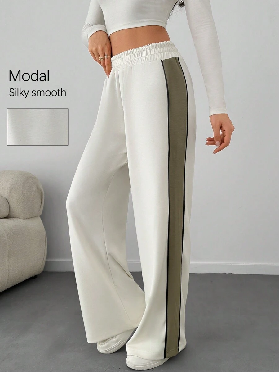SHEIN Tall Modal Soft Wide Leg Contrast Tape Drawstring Waist Pants - White - View 1