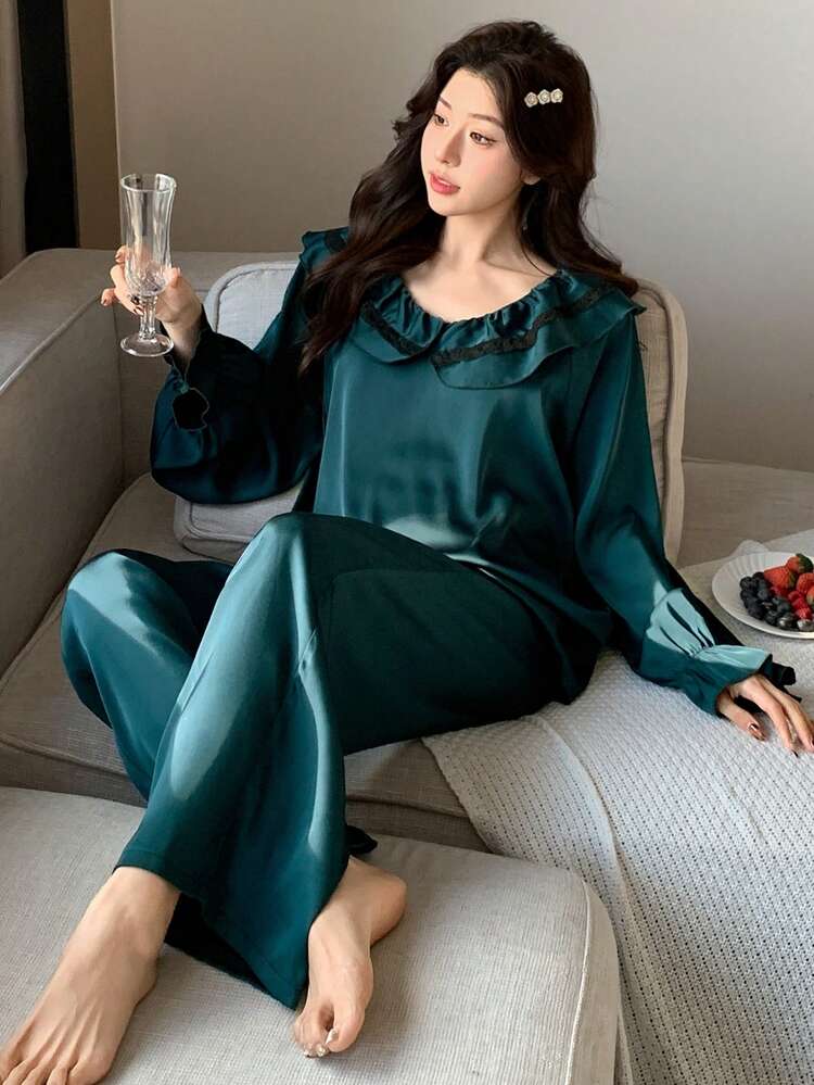 Satin Ruffle Edge Contrast Color Lace Patchwork Pajama Set