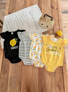 SHEIN LMoss Kids 4pcs Newborn Baby Girl Summer Cute Striped Cartoon Pattern Bodysuit Set - White - View 1