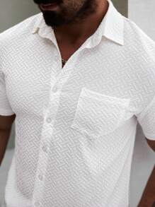 Manfinity CasualCool Men's Casual Vacation Daily Versatile INS White Geometric Texture Jacquard Button Door-Style Short Sleeve Shirt And Shorts Set ,Men Two Pieces Outfits ,White Outfit Men - White - View 2