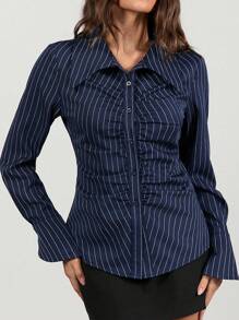 Zolique 日常装大V领收腰显瘦喇叭袖扣老款条纹秋冬长袖商务休闲女衬衫 - 藍白色 - 查看 4