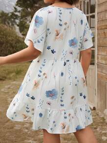 SHEIN LUNE Plus Size Round Neck Short Sleeve Floral Print Short Dress Festival Boho Style Holiday Dress, Outdoor Daily Wear Essential Sundress Holiday Wear Women Summer Wear Ladies Dress Elegant - White - View 2