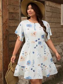 SHEIN LUNE Plus Size Round Neck Short Sleeve Floral Print Short Dress Festival Boho Style Holiday Dress, Outdoor Daily Wear Essential Sundress Holiday Wear Women Summer Wear Ladies Dress Elegant - White - View 7