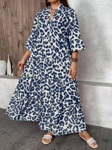 SHEIN LUNE Váy 4 tầng thường ngày họa tiết da báo màu hồng cỡ lớn - Màu xanh hải quân - Xem 3