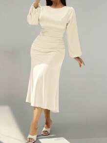 SHEIN Clasi Women's Solid Color Fitted Waist Elegant Dress - Apricot - View 3