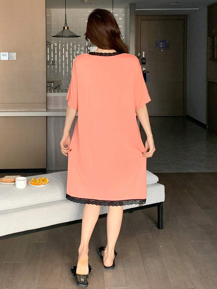 Women's Contrast Color V-Neck Short Sleeve Loose Simple Nightgown, Casual For Daily Wear Pajama
