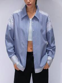 Aveloria Affinna Women's Front Button Long Sleeve Striped Patchwork Casual Blouse, Everyday Wear Fall Cloth For Women - Multicolor - View 4