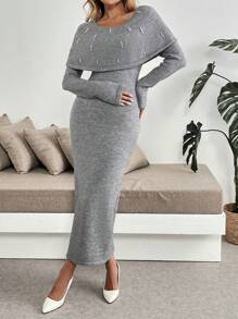 SHEIN Clasi 女士珍珠装饰圆领紧身毛衣连衣裙、派对装 - 灰色 - 查看 4