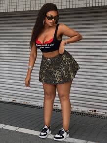 SHEIN SXY 大码前扣休闲牛仔豹纹性感迷你裙 - 彩色 - 查看 8