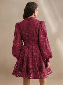 Anewsta Women's Spring Dress, Elegant Floral Embroidery Mesh Lantern Sleeve Collared Waist Cinched Wedding Guest Dress, Suitable For Valentine's Day, Birthday - Burgundy - View 2