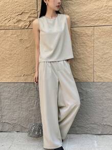 DAZY Women's 2 Pieces Set: Solid Color Loose Tied Camisole And Wide Leg Pants - Apricot - View 10